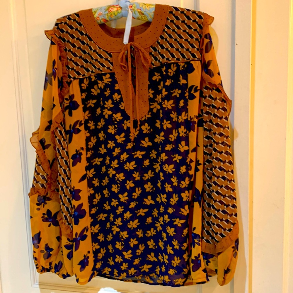CAbi Orange and Blue Floral Blouse